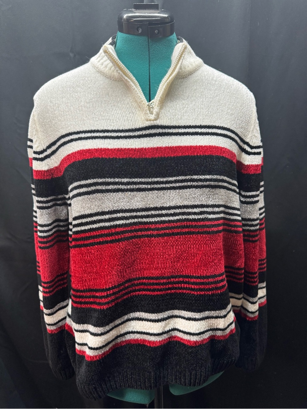 Half-Zip Striped Sweater - Red, Black & Cream
